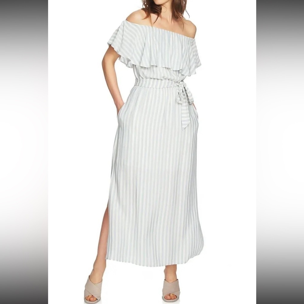 NWT 1.State Striped Ruffled Dress Off The Shoulder Dress with Slit